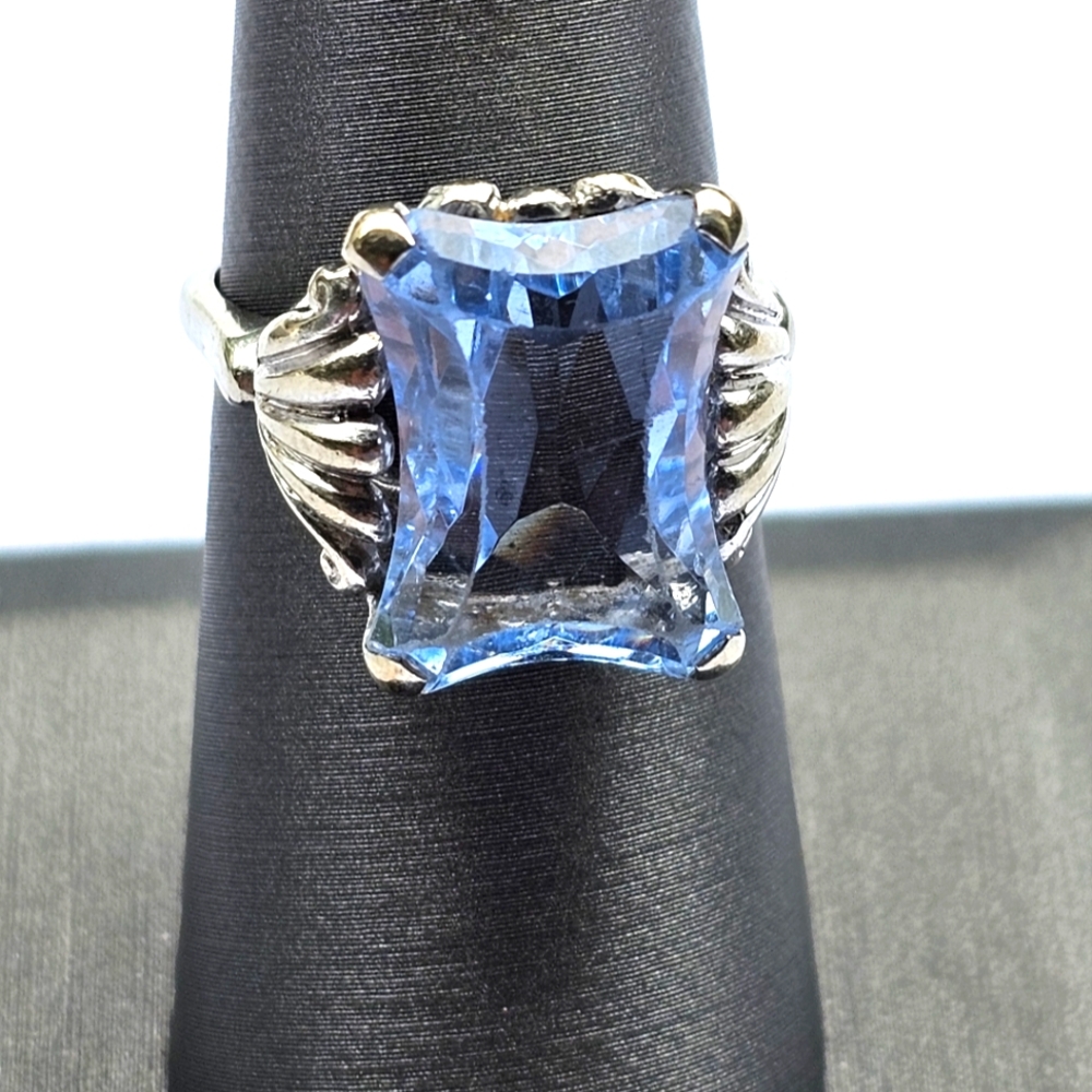 ANTIQUE ESEMCO ART DECO 14 K WHITE GOLD AND BLUE TOPAZ STATEMENT RING SIZE 7
